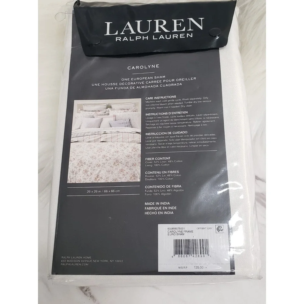 NEW Ralph Lauren Carolyne Frame Euro European Linen & Cotton Sham Off White/Grey